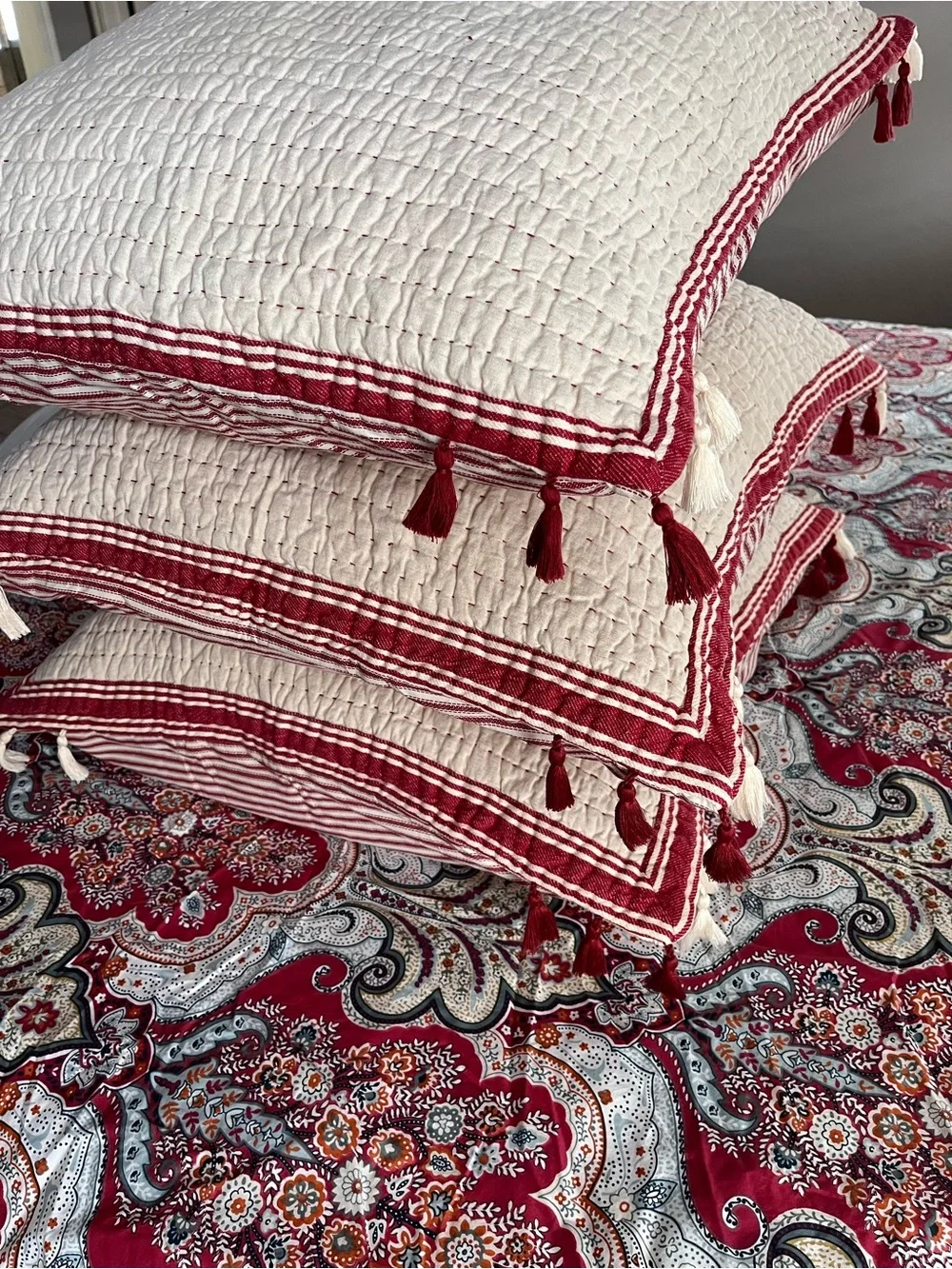 Pottery Barn Nellie Pickstitch Tassel Euro Sham Red Natural Tassel Trim